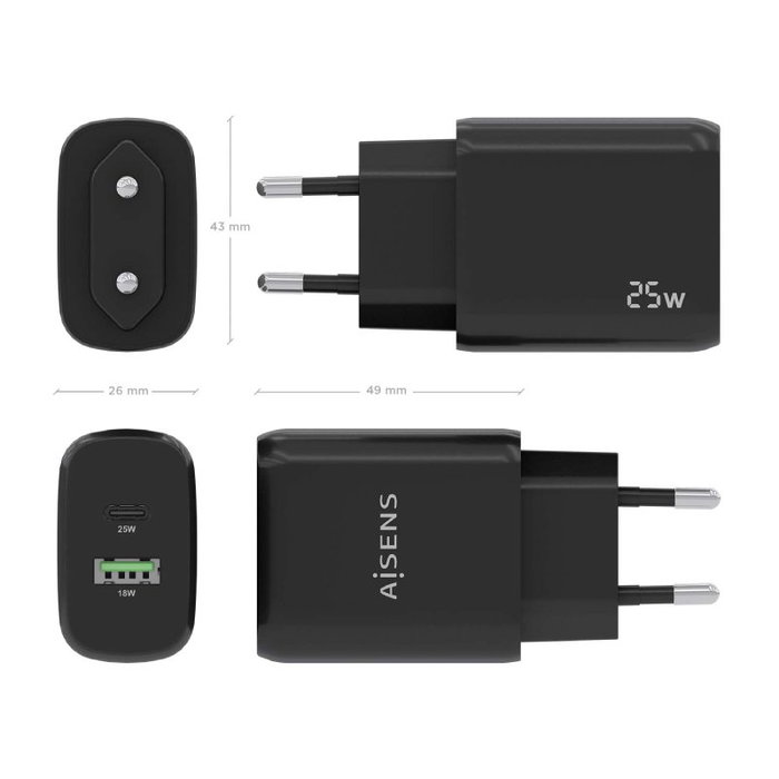 Aisens Cargador 25W con USB-C PD3.0 y USB-A QC3.0 Negro A110-0759 Aisens Cargador 25W con USB-C PD3.0 y USB-A QC3.0 Negro A110-0759